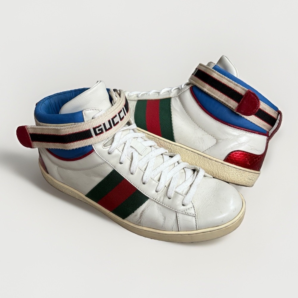 Gucci Stripe Ace High Top Sneakers White Leather Men's Size 6.5 (Fits US 7.5)